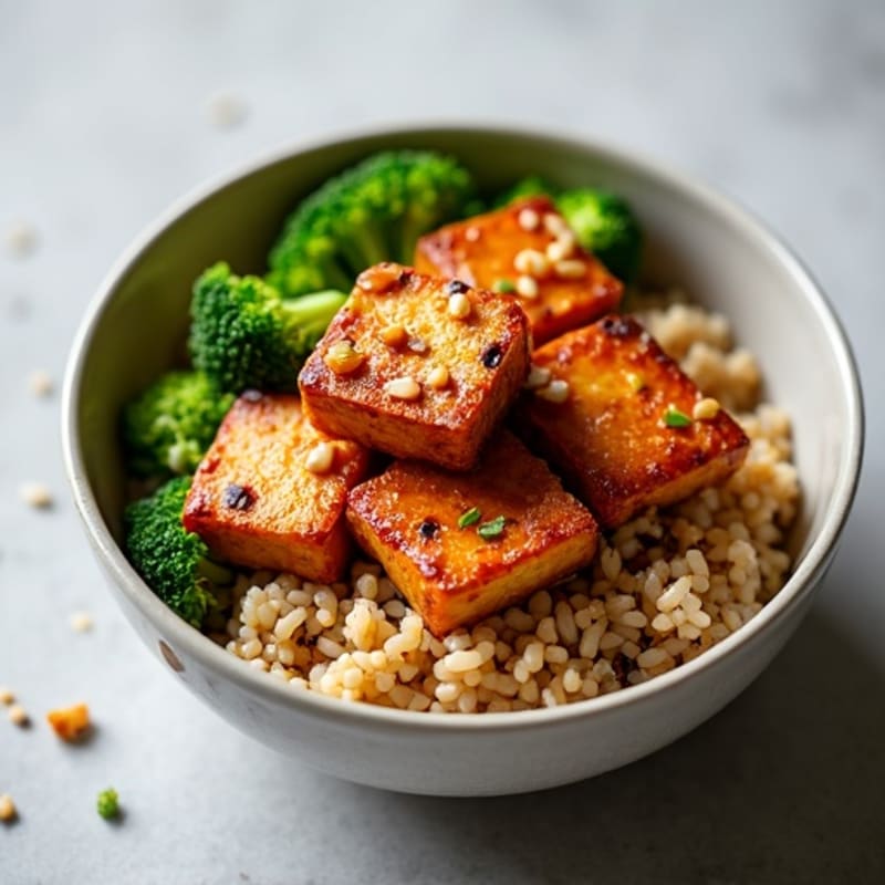 Crispy Chili-Glazed Tofu with Sesame Broccoli Rice Bowl
