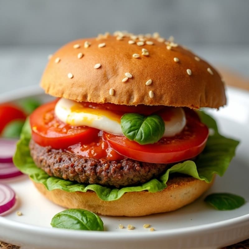 Lean Beef Burger with Crispy Mozzarella and Fresh Tomato Sauce