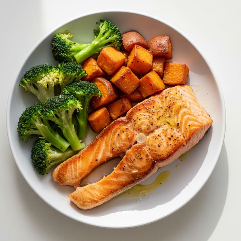 Seared Salmon with Roasted Sweet Potato and Steamed Broccoli