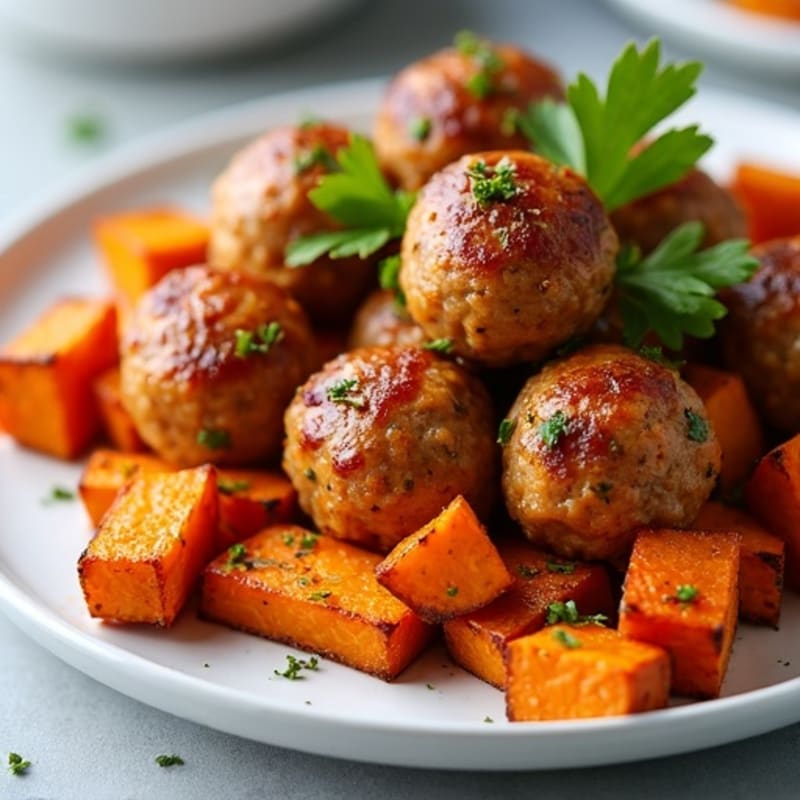 High-Protein Sheet Pan Turkey Meatballs with Roasted Sweet Potatoes