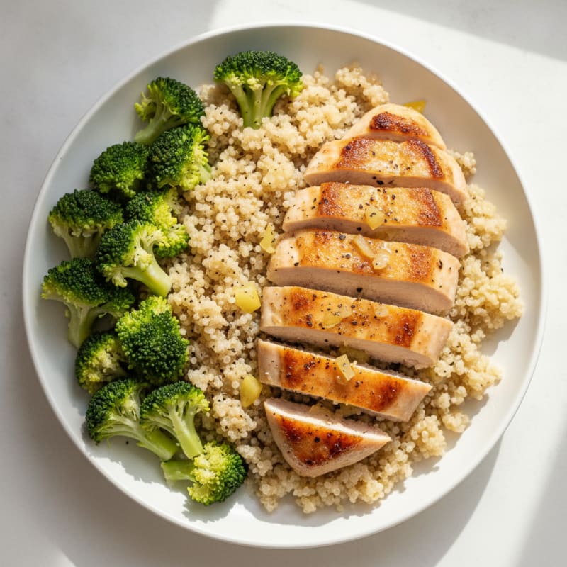 Seared Chicken with Steamed Broccoli and Quinoa