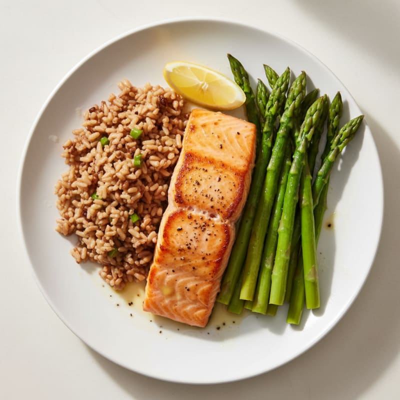 Seared Salmon with Steamed Asparagus and Brown Rice
