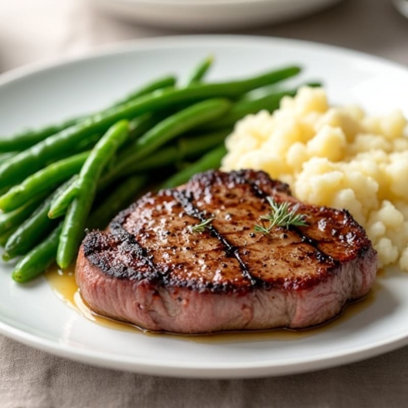 Seared Sirloin Steak with Garlic Green Beans and Mashed Cauliflower