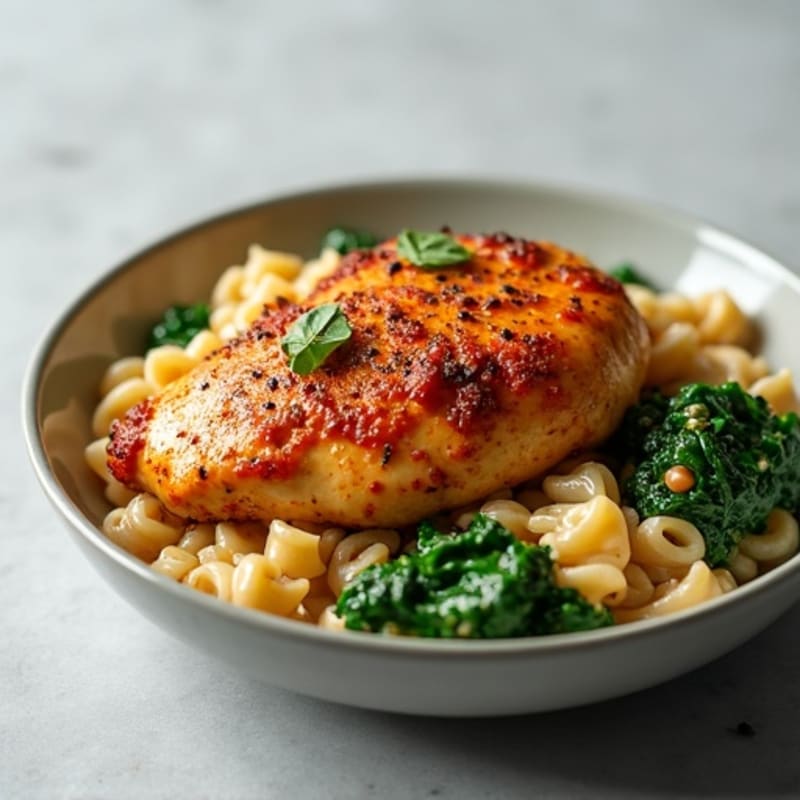 Spicy Cajun Chicken with Creamy Whole Wheat Pasta and Sautéed Spinach