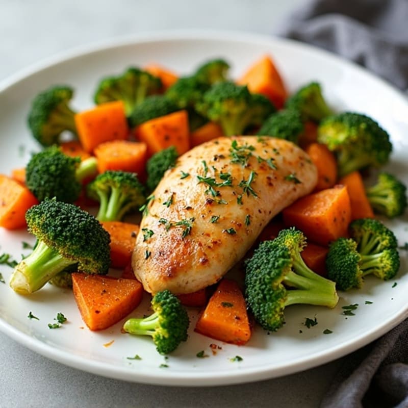 Sheet Pan Lemon-Herb Roasted Chicken with Crispy Broccoli and Sweet Potatoes