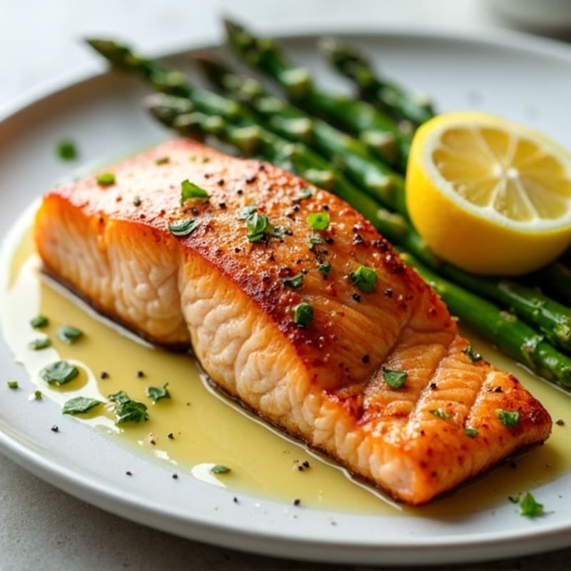 Crispy Pan-Seared Salmon with Roasted Asparagus and Lemon