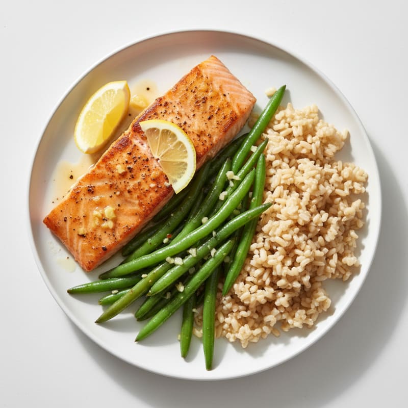 Seared Salmon with Garlic Green Beans and Brown Rice