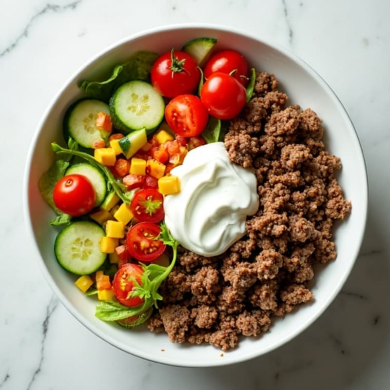 Lean Ground Beef and Crisp Veggie Bowl with Creamy Tangy Dressing