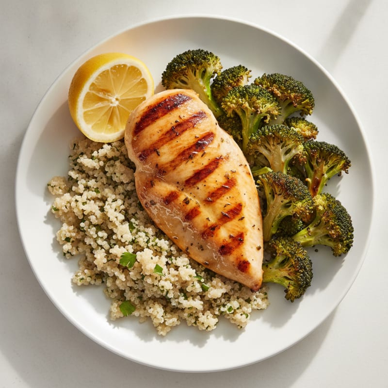 Grilled Chicken Breast with Quinoa and Roasted Broccoli