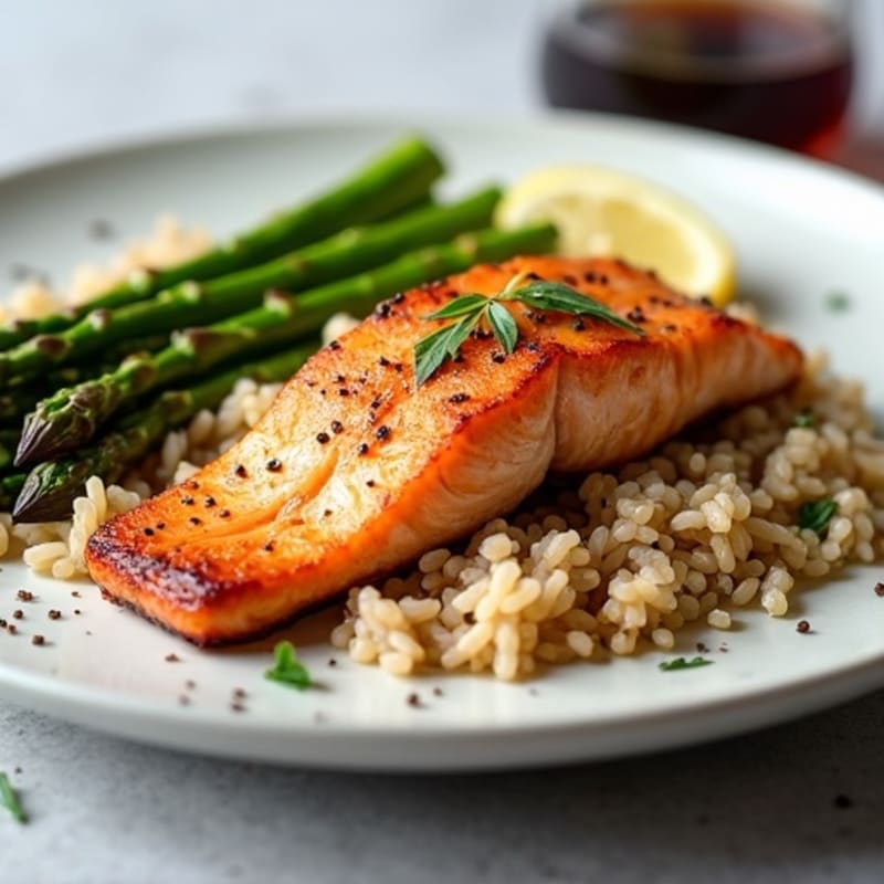 Seared Salmon Fillet with Steamed Asparagus and Brown Rice