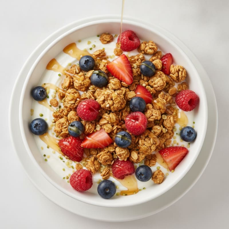 Silky Greek Yogurt Bowl with Protein Granola and Mixed Berries