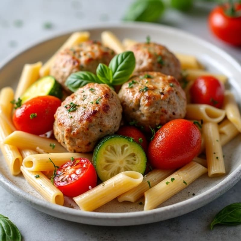 Seared Turkey Meatballs with Roasted Vegetable Penne