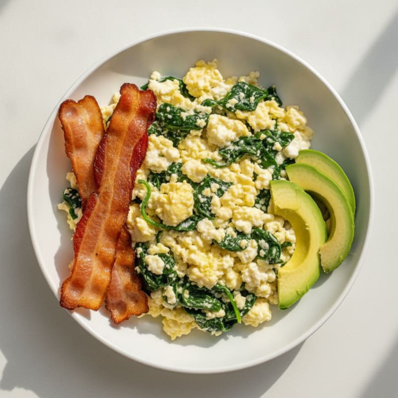 Cottage Cheese Scramble with Spinach and Turkey Bacon