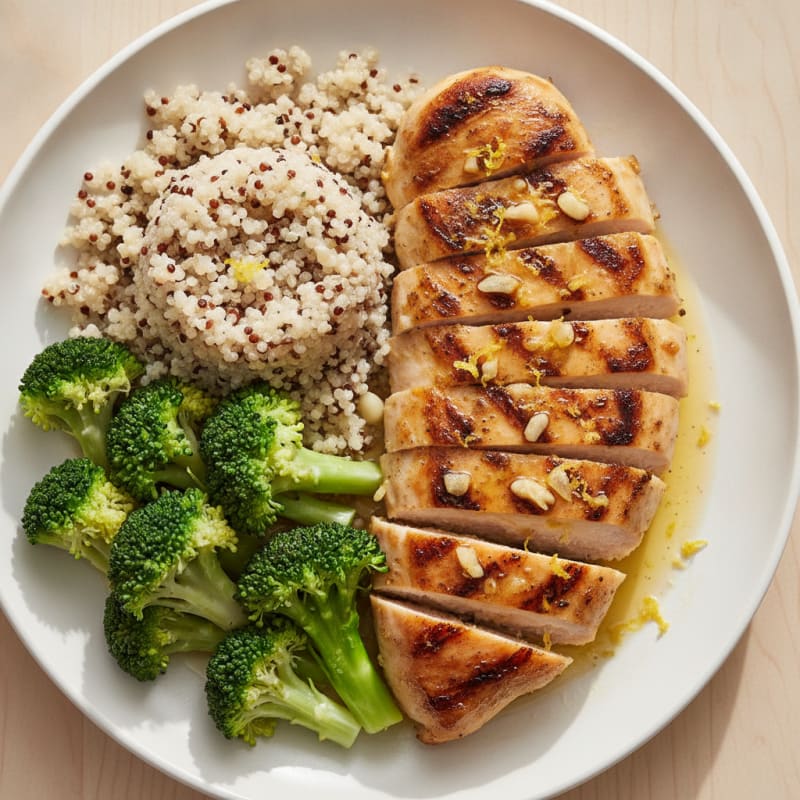 Grilled Lemon Garlic Chicken Breast with Quinoa and Steamed Broccoli