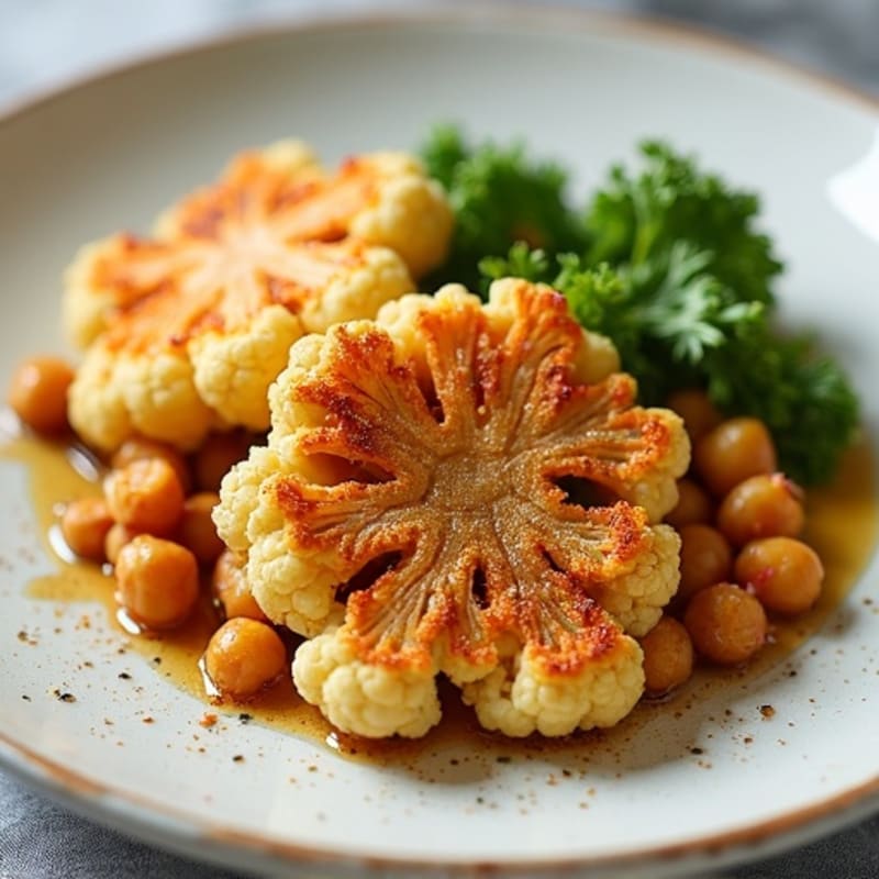 Crispy Cauliflower Steaks with Herb-Roasted Chickpeas