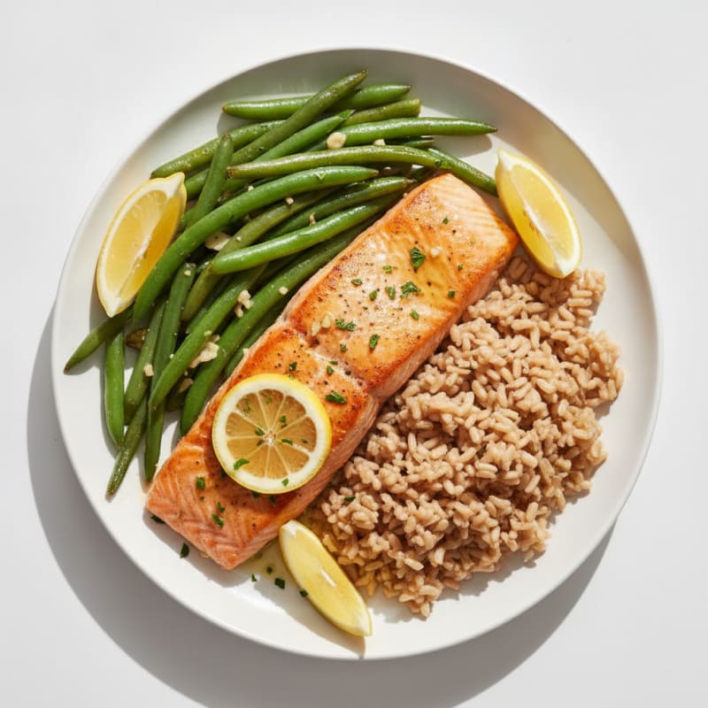 Seared Salmon Fillet with Garlic Green Beans and Brown Rice