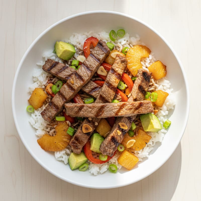 Grilled Steak Strips with Pineapple Rice Bowl