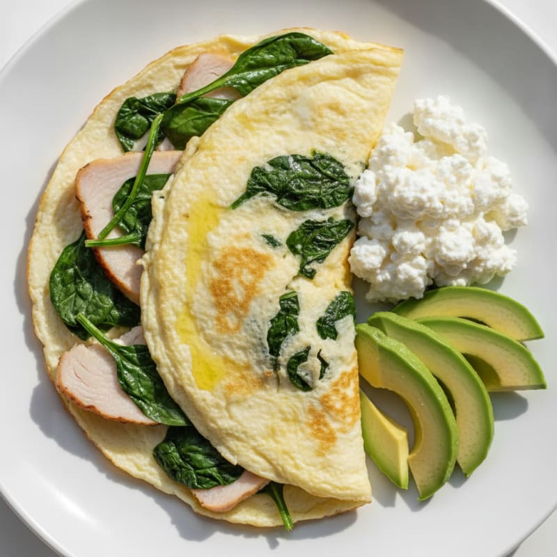 Egg White Spinach Omelette with Cottage Cheese and Sliced Turkey