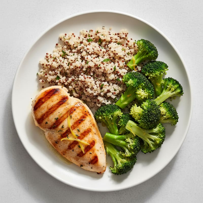 Grilled Chicken Breast with Steamed Broccoli and Quinoa
