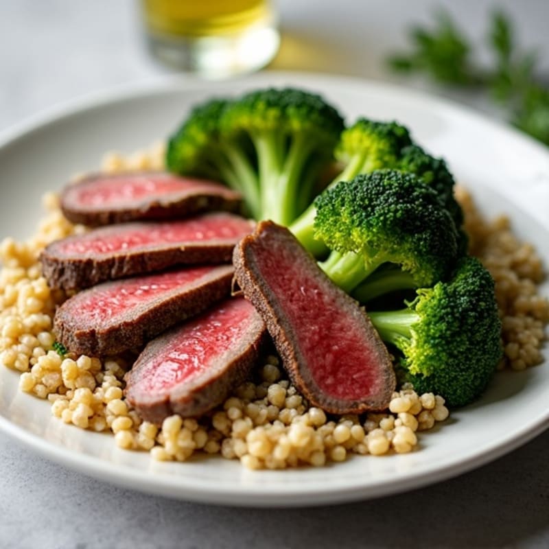 Seared Lean Beef Strips with Roasted Broccoli and Quinoa
