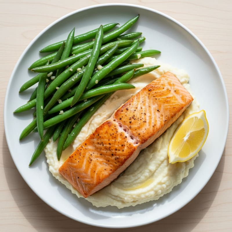 Seared Salmon with Garlic Green Beans and Cauliflower Mash