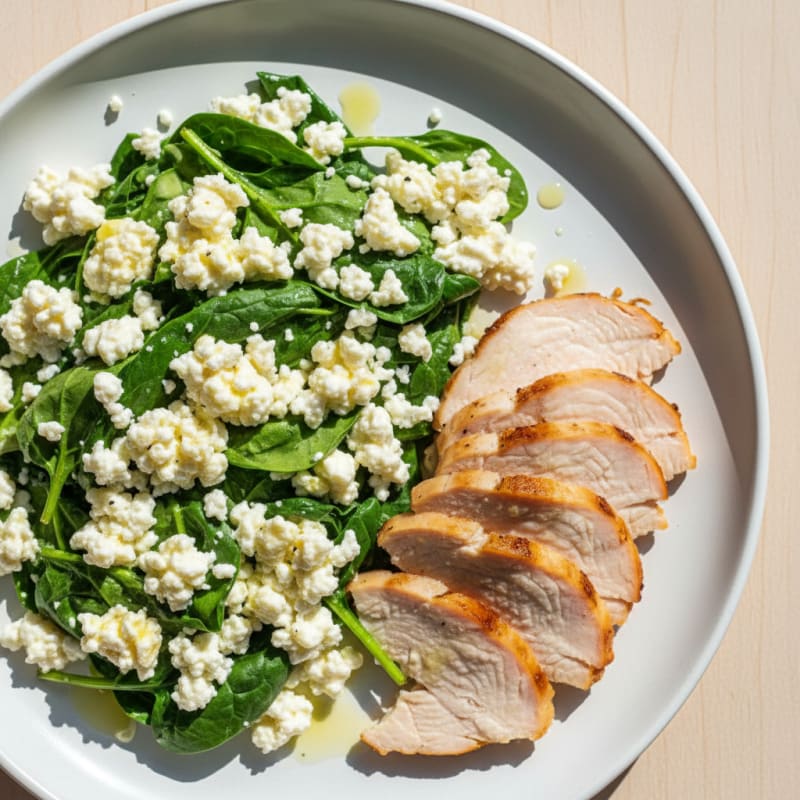 Egg White Spinach Scramble with Cottage Cheese and Sliced Turkey