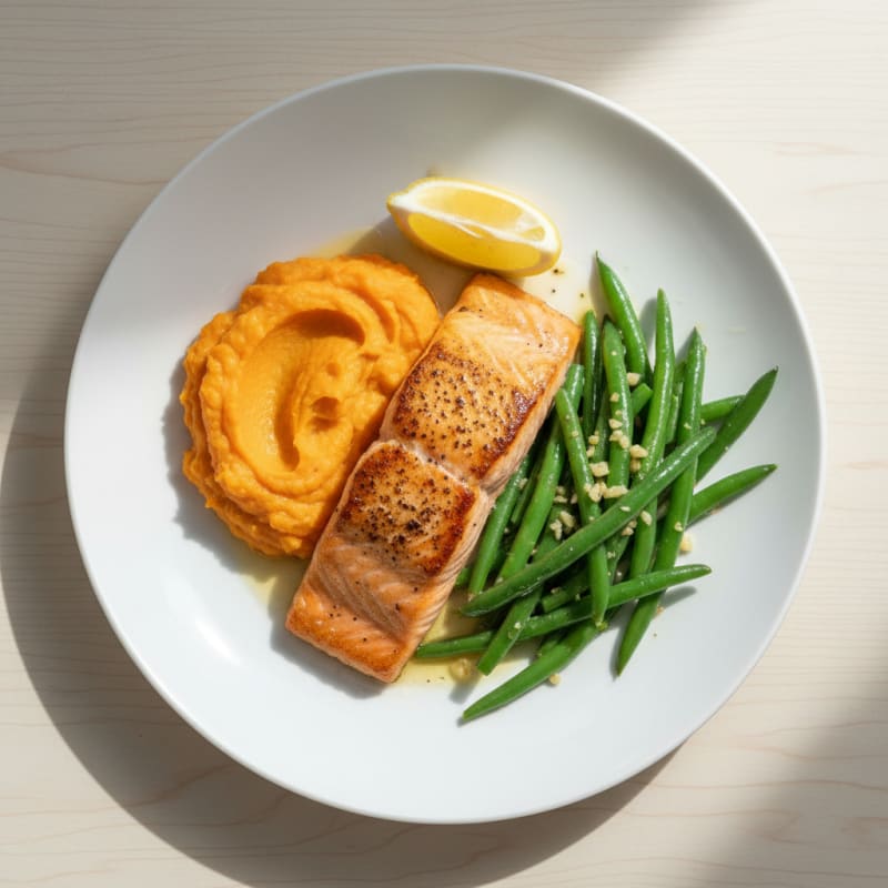 Seared Salmon with Garlic Green Beans and Sweet Potato Mash