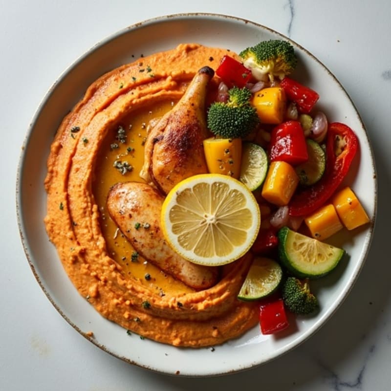 Lemon Garlic Pan-Seared Chicken with Roasted Vegetables and Creamy Roasted Red Pepper Hummus