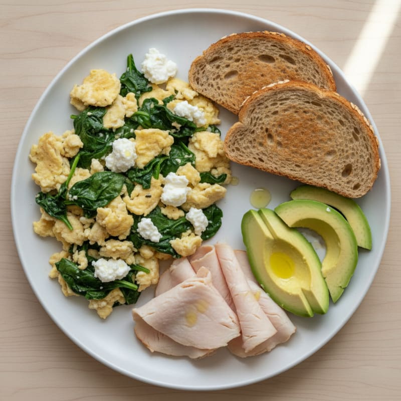 Egg White Spinach Scramble with Cottage Cheese and Sliced Turkey
