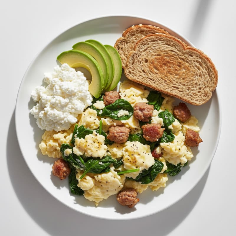 Egg White Scramble with Spinach, Turkey Sausage, and Cottage Cheese