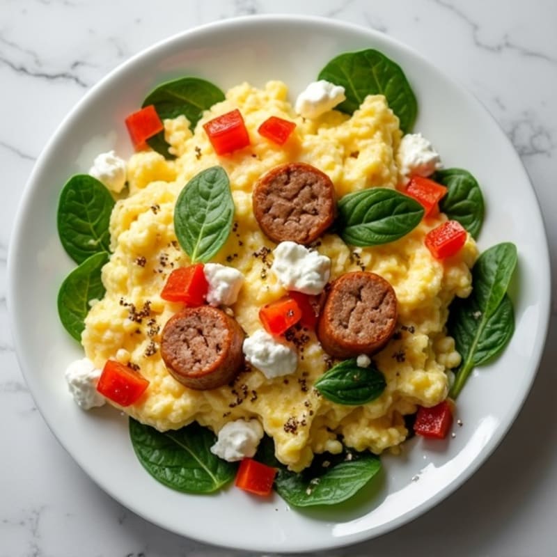 Egg White Scramble with Chicken Sausage and Cottage Cheese