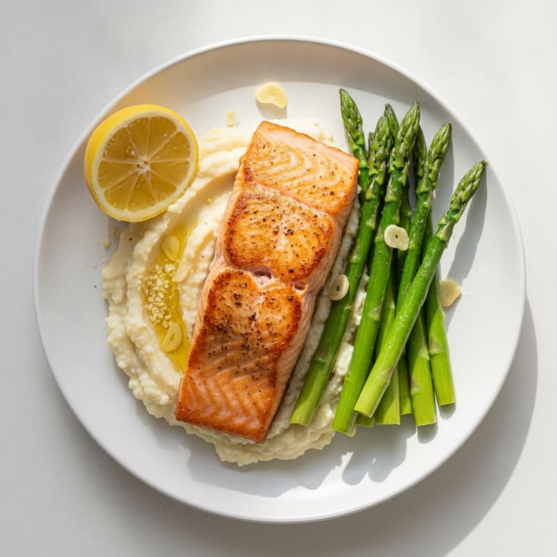 Seared Salmon with Steamed Asparagus and Cauliflower Mash