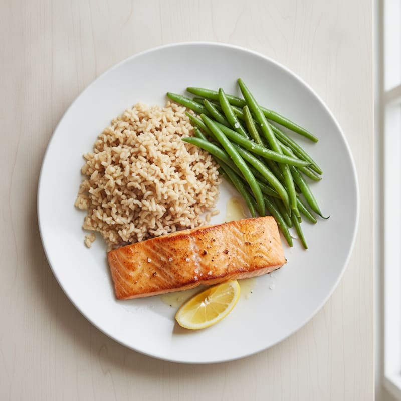 Seared Salmon with Steamed Green Beans and Brown Rice