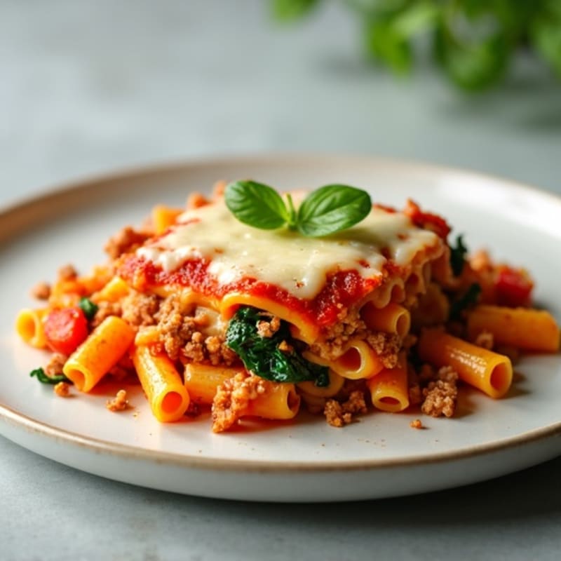 Cheesy Lean Ground Beef Baked Ziti with Spinach