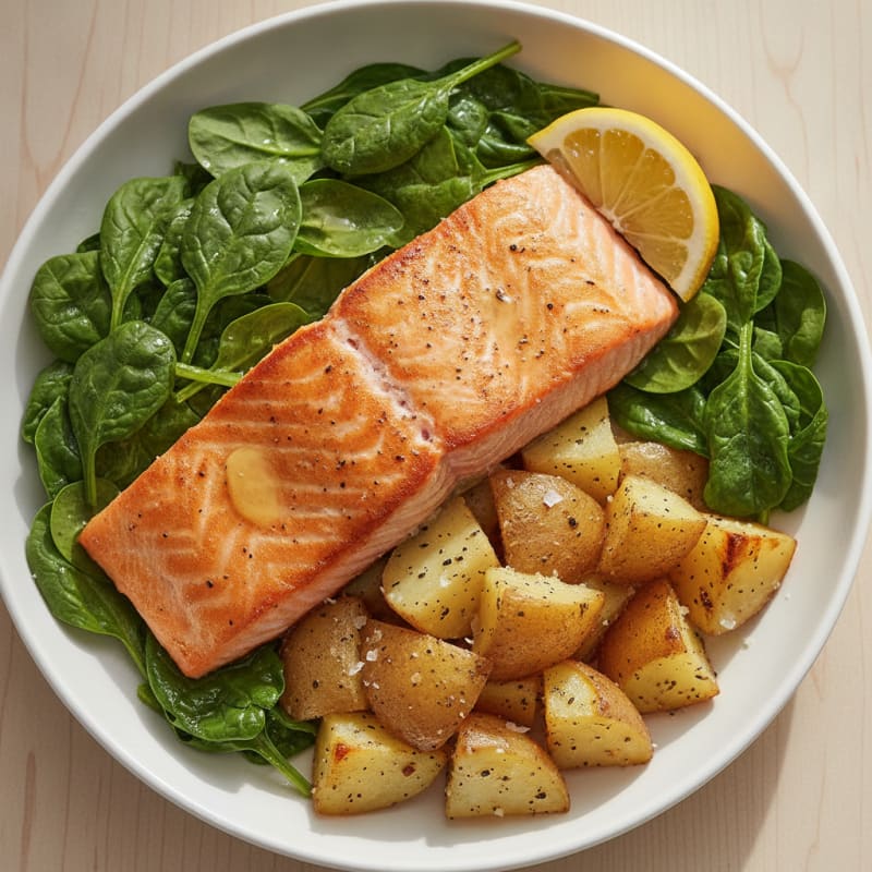 Pan-Seared Salmon with Roasted Potatoes and Greens