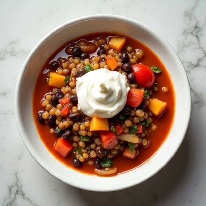 Lentil and Black Bean Stew with Silky Cottage Cheese Swirl
