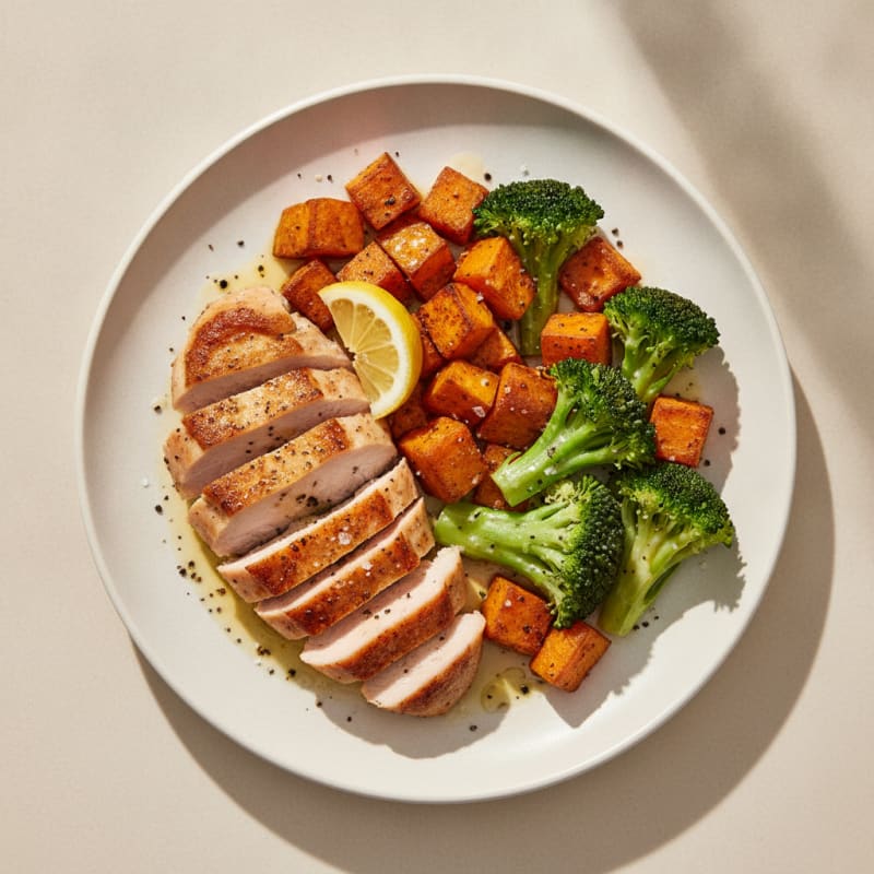Seared Turkey Breast with Steamed Broccoli and Roasted Sweet Potato
