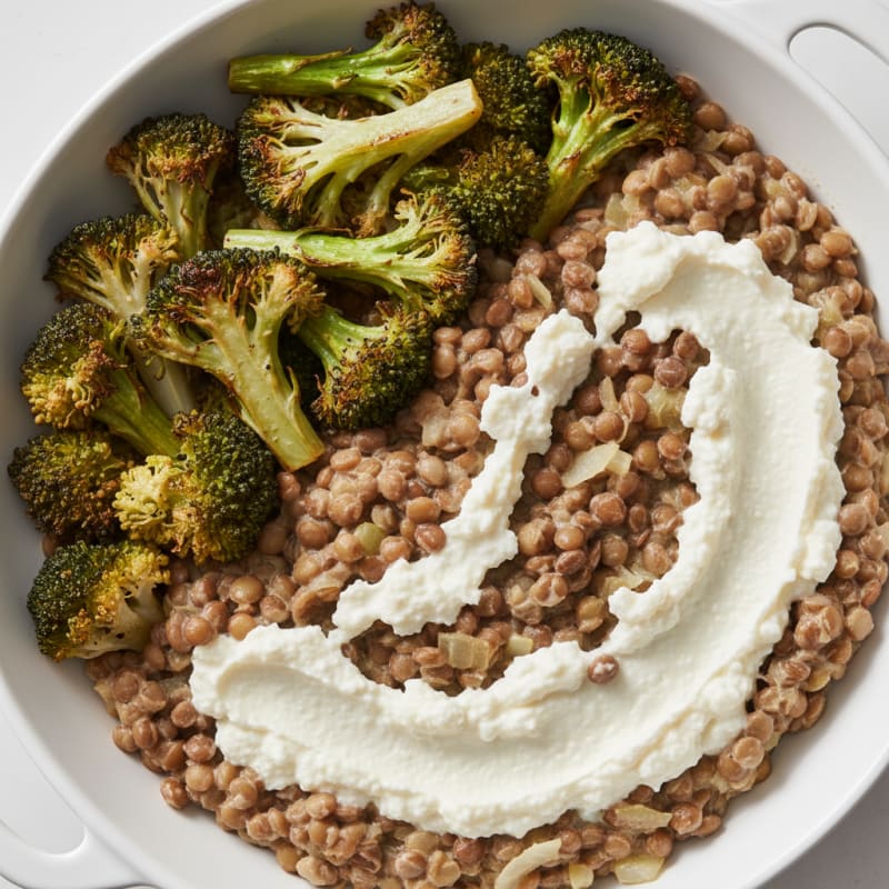 Creamy Lentil and Cottage Cheese Skillet with Roasted Broccoli