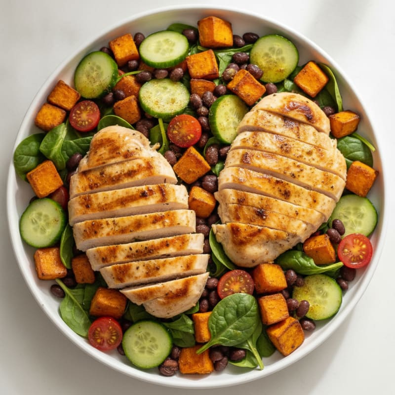 Grilled Chicken and Black Bean Salad with Sweet Potato Cubes