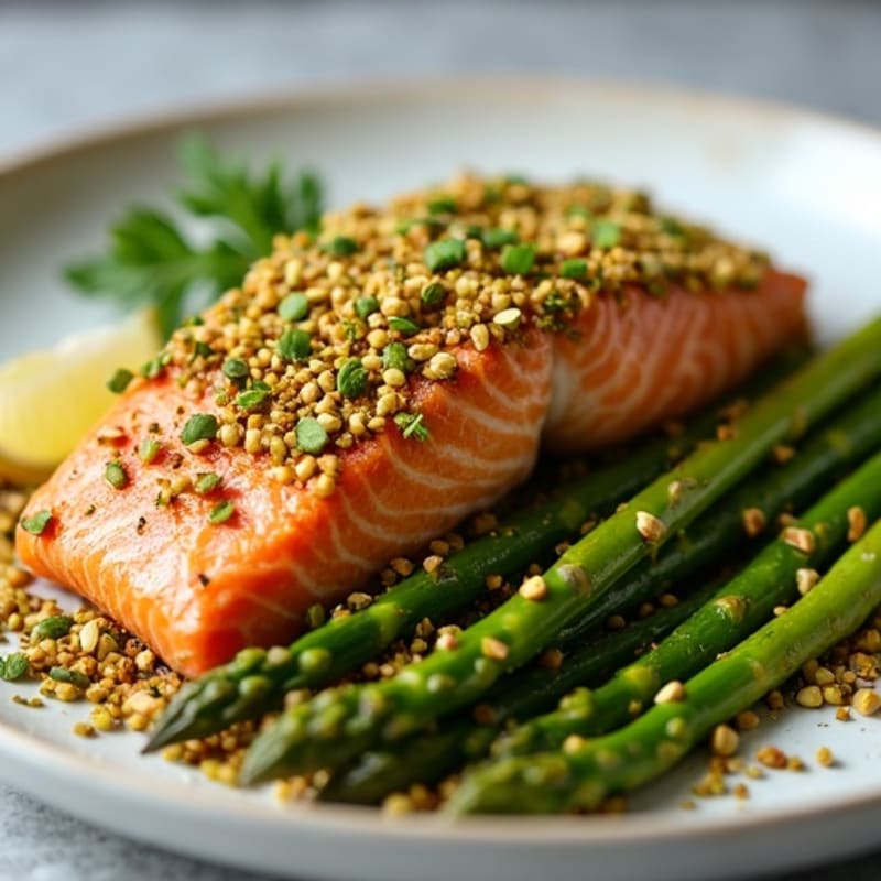 Pistachio Crusted Salmon with Lemon-Garlic Roasted Asparagus