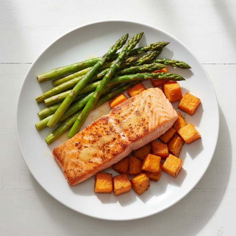 Seared Salmon Fillet with Roasted Asparagus and Sweet Potato