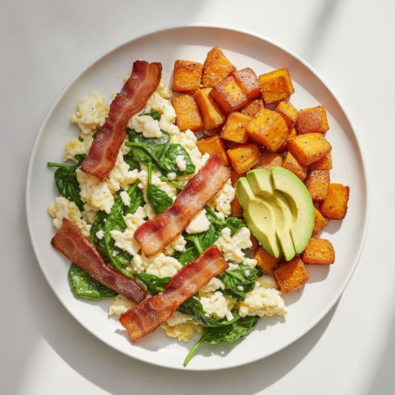 Crispy Turkey Bacon and Spinach Egg White Scramble with Roasted Sweet Potatoes