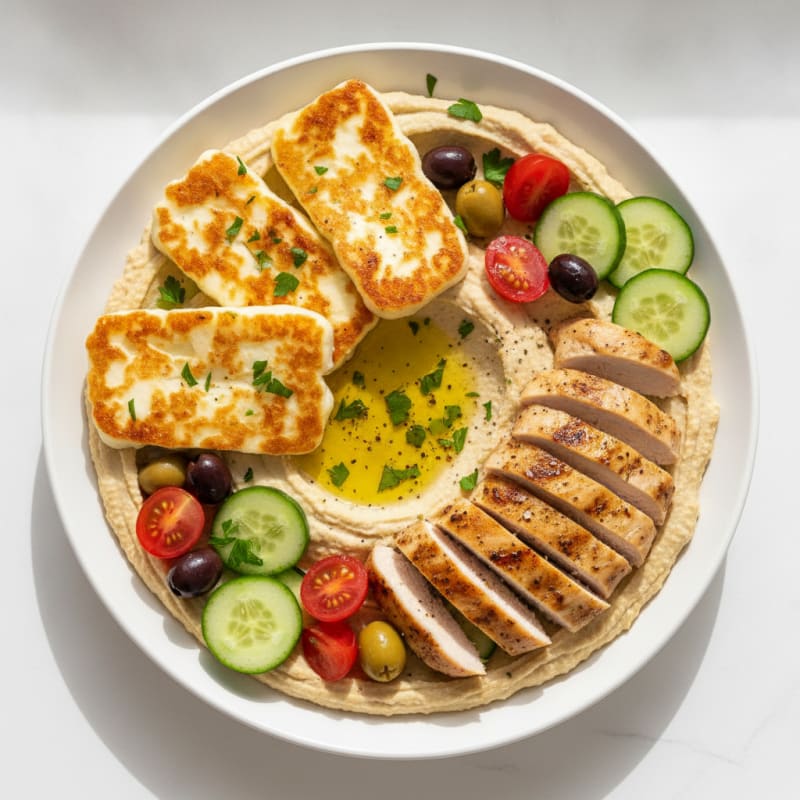 Hummus Platter with Grilled Halloumi and Olives