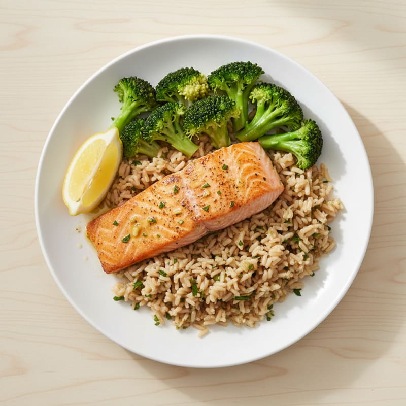 Seared Salmon with Garlic Herb Brown Rice and Steamed Broccoli