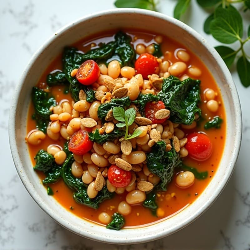 Silky Lentil and White Bean Stew with Leafy Greens and Toasted Pumpkin Seeds