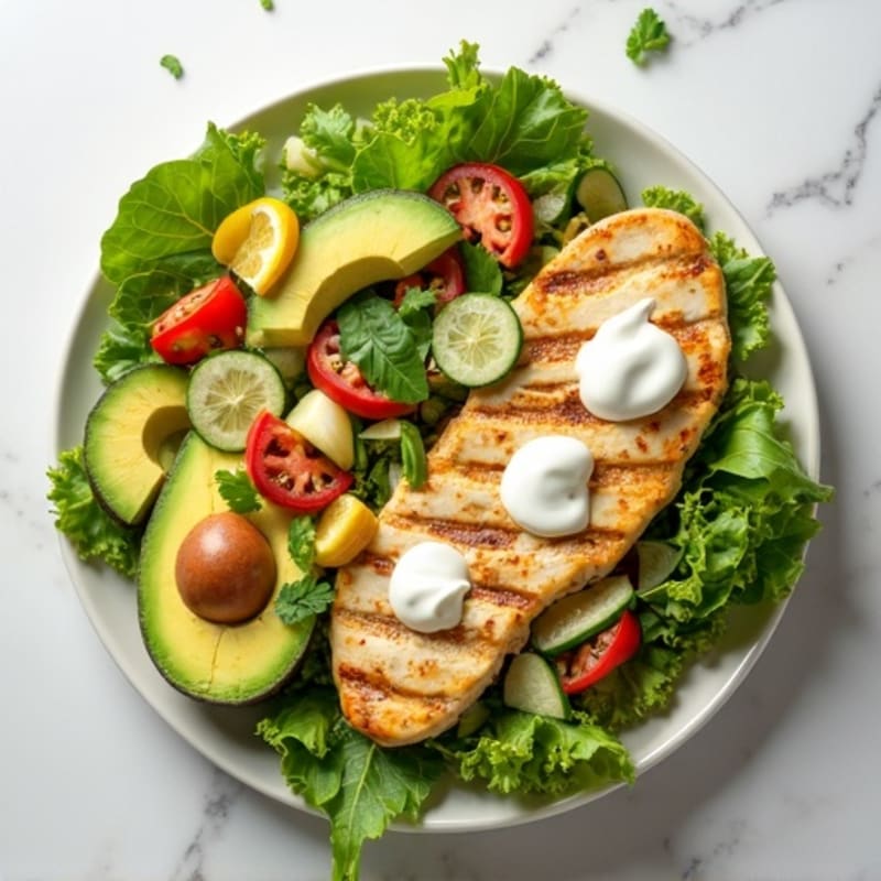 Chicken Avocado Salad with Crunchy Vegetables and Creamy Lemon Dressing