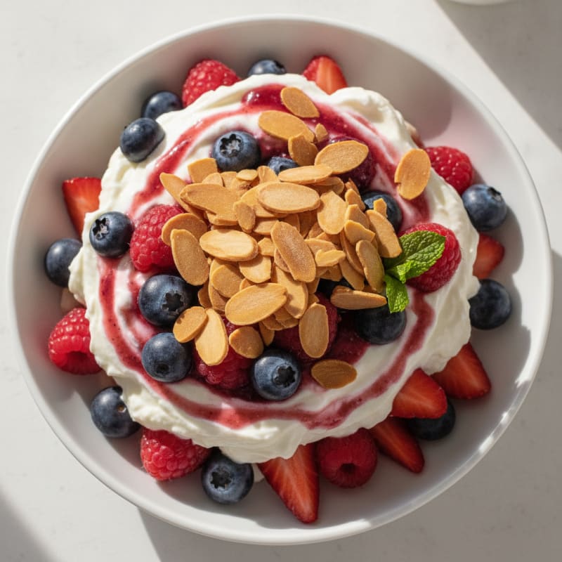 Greek Yogurt Protein Parfait with Mixed Berries and Almonds