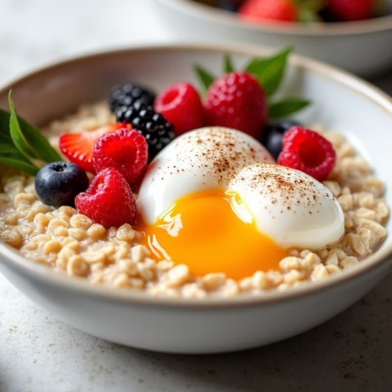 Creamy Oat Porridge with Poached Eggs and Fresh Berries