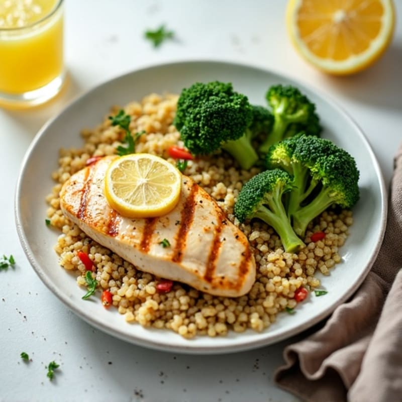 Grilled Chicken Breast with Roasted Broccoli and Lemon Quinoa