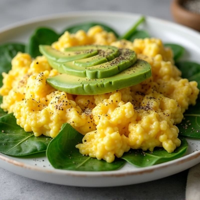 Fluffy Scrambled Eggs with Fresh Spinach and Creamy Avocado